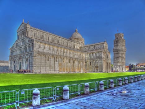 view of the cathedral of Pisa with the Leaning Tower of Pisa tonemapped, Pisa, Italy