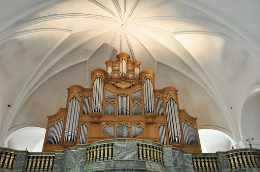 The organ in Katarina church in Stockholm, Sweden. After a fire in 1990, that destroyed the church, the new organ was reconstructed, by J.L.van den Heuvel, after the old organ built in 1751. 