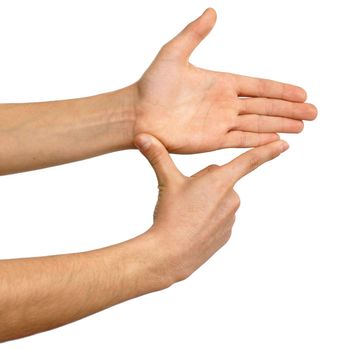isolated hands showing measure over white background