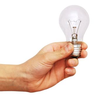 isolated hand holding unlit light bulb over white background