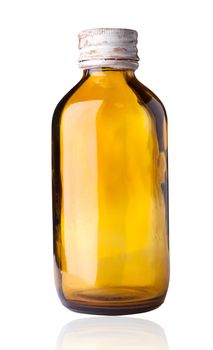 Old fashioned drug bottle with label, isolated, clipping path. 