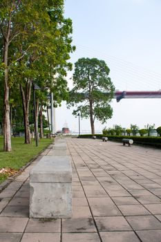 Stone bench in the park. Recreational area general nature.