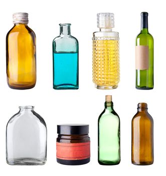 Assorted old bottles, white background, clipping path.