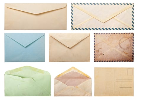 Collection of old envelopes and postcard, isolated on white, clipping path.