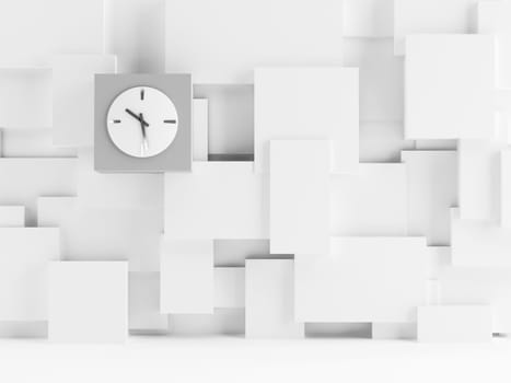 Clock on a wall consisting of white cubes as background