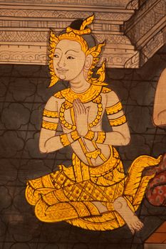 Draw pattern of Thai literature Thai temple wall.
