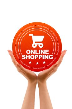Hands holding a Online Shopping Icon on white background.