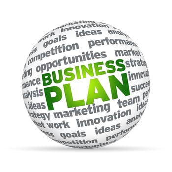 3D sphere with the word business plan on white background.