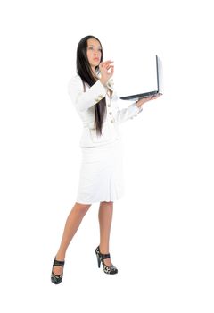 Business woman with laptop in the full-length, white background