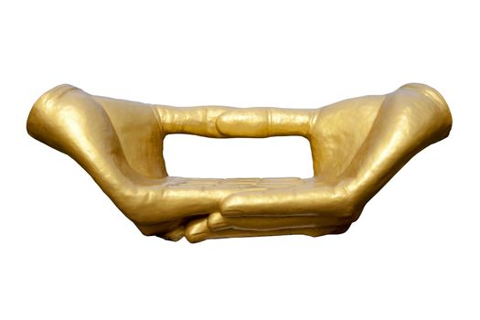 The gold Buddhist meditation hands with white background.