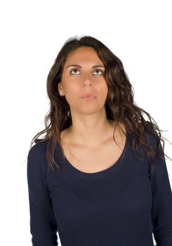 Hispanic woman looking up in a doubtful attitude