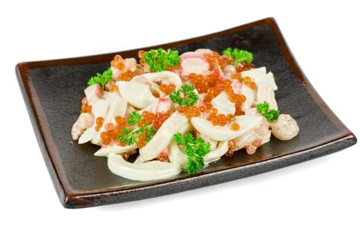 Seafood salad ar plated isolated on a white background