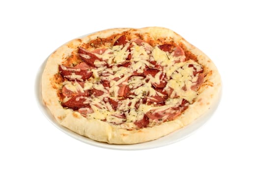 Salami pizza isolated on a white background