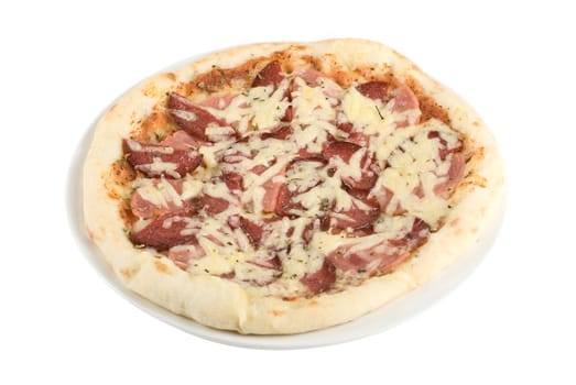 Salami pizza isolated on a white background