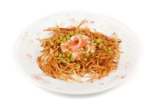 Closeup of russian salad with salmon fish at fried sliced potato