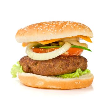 Delicious grilled burger on wheat buns isolated on a white