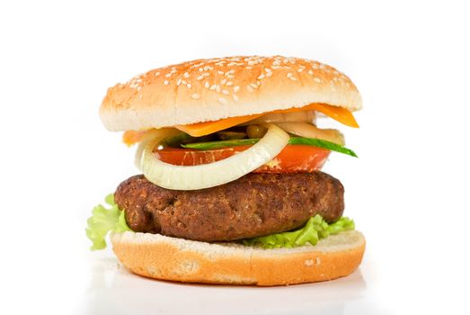 Delicious grilled burger on wheat buns isolated on a white