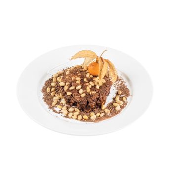 Chocolate risotto dessert closeup isolated on a white background