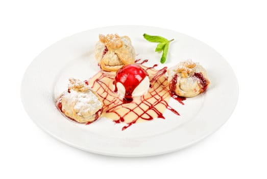 Tasty dessert with ice cream close up