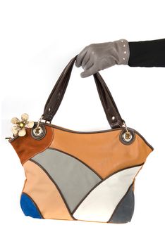 women bag at hand isolated on white background