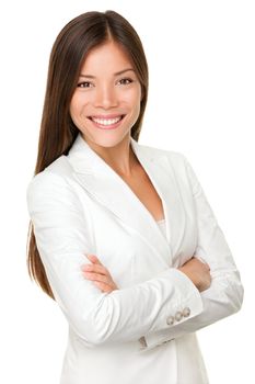 Asian business woman. Businesswoman portrait of smiling happy mixed race young professional in her twenties isolated on white background wearing white suit standing proud and content. Mixed Asian Chinese and Caucasian female model.