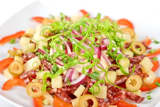 closeup of salad from salami, vegetables and olives