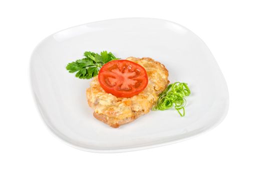 Roasted pork steak baked with cheese and tomato