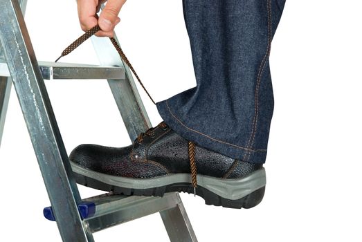 repairman lace his shoes on white background