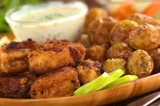 Breaded fried calamary pieces with small baked potatoes and tzatziki (Selective Focus, Focus on the front of the upper calamary and the first potato on the right of the image)