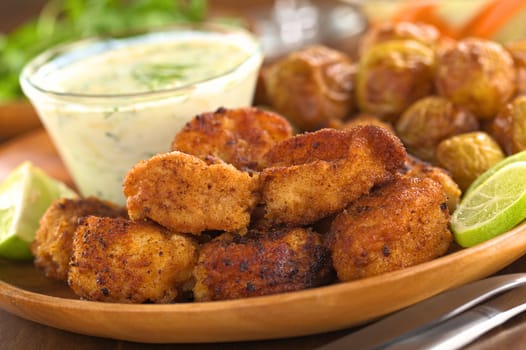 Breaded fried calamary pieces with small baked potatoes and tzatziki (Selective Focus, Focus on the front of the two upper calamary pieces)