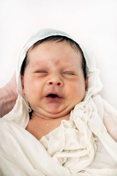 Portrait little newborn boy on the white background.