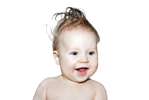 Happy little boy with a hairstyle isolated on a white background.