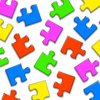 Colored puzzle pieces in four color on white empty background