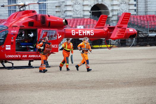 LONDON - JUNE 11: London's Air Ambulance McDonnell Douglas MD 902 Explorer Helicopter landed in Horse Guards Parade London, England on June 11, 2011. London HEMS (Helicopter Emergency Medical Service) is an air ambulance service that responds to seriously ill or injured casualties in and around London