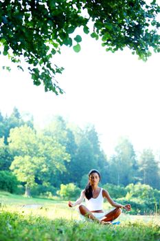  yoga woman on green grass in lotus pose