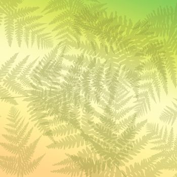 Abstract illustration depicting many pale green fern leaves against pal pastel background.