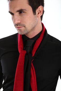Handsome man in shirt and tie red and black