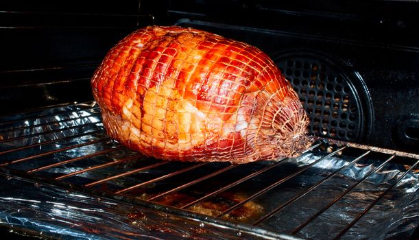 Fillet of pork in the oven close up