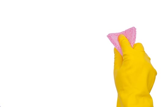 Hand in yellow glove with pink sponge isolated