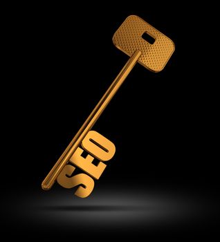 SEO gold key on black background  - symbol for Searching Engine optimization - Conceptual image