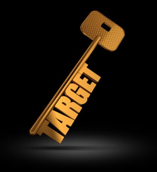 Target gold key on black background - Gold key with Target text as symbol for success in marketing - Conceptual image
