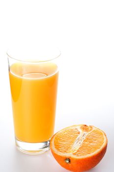 Orange juice and slice on white background