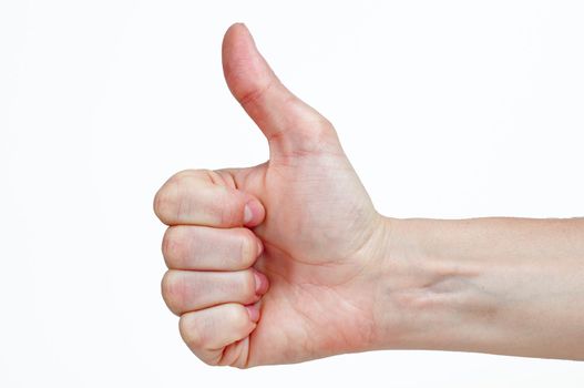 Woman's hand make thumbs up isolated over white