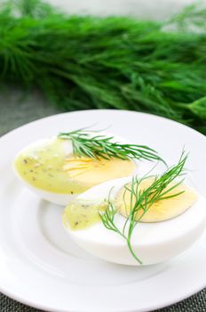 Boiled egg cut in half on dill background