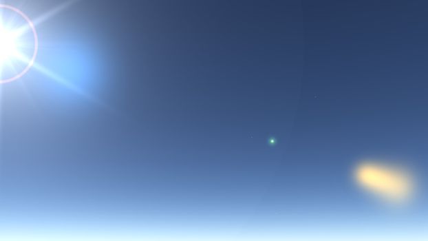 Sun with lens flare, sky and stars