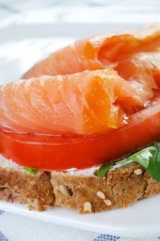 Close up smoked salmon sandwich with tomato and rye bread