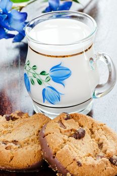 Two chocolate cookies and milk in jug