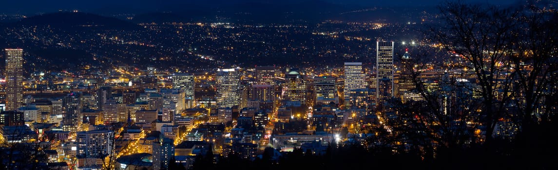 Portland Oregon Downtown Cityscape at Blue Hour Twilight Panorama