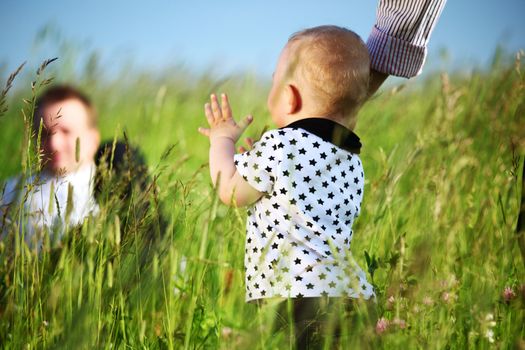  picnic of happy family on green grass