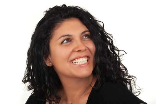 Middle Eastern woman with a beautiful smile and curly hair